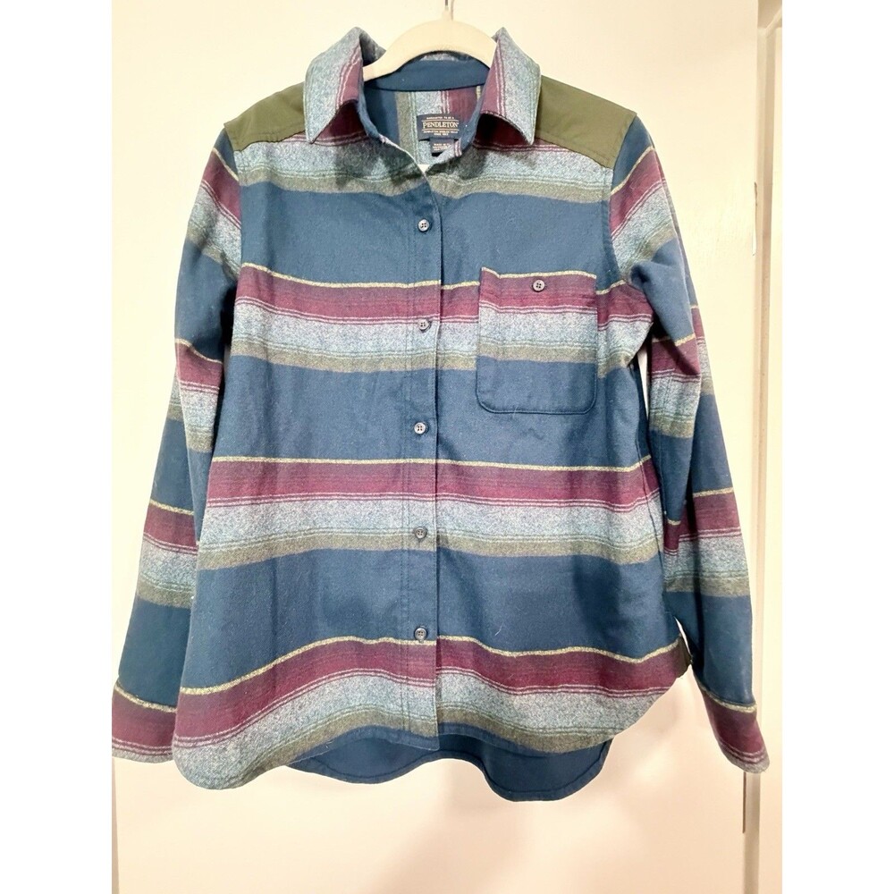 Pendleton 100% Umatilla Wool Yoke Trim Striped Shirt Size M Blue Red Gray